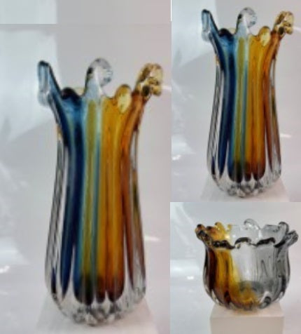 Glas Vase, Schale Blau/Amber Handarbeit
